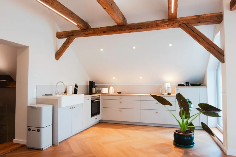 Küchenbereich der Ferienwohnung Berta auf dem Ilsehof mit Einbauküche, Holzarbeitsplatte und Dekopflanze