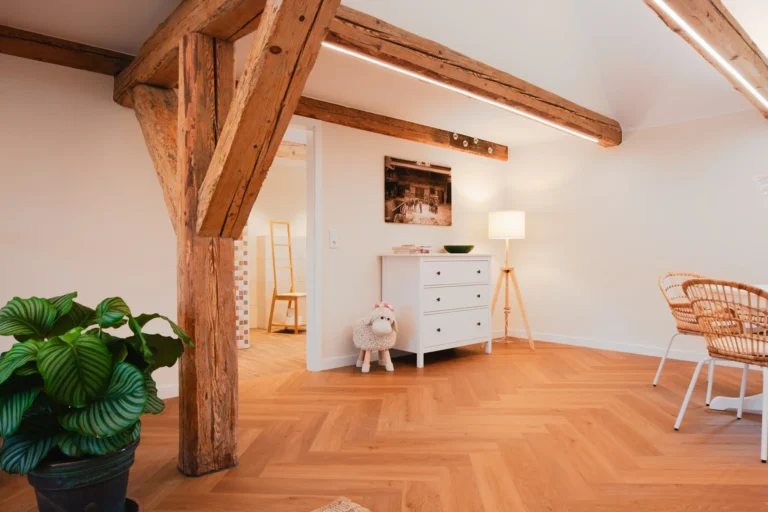 Wohnbereich der Ferienwohnung Anna auf dem Ilsehof mit Kommode, Dekoration, Holzbalken und Blick auf das Bad